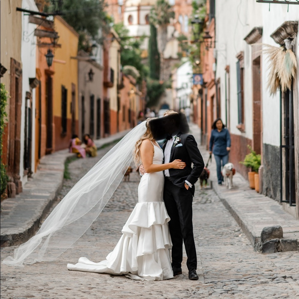 9 foot ivory Tulle veil with minimal beading on the trim.